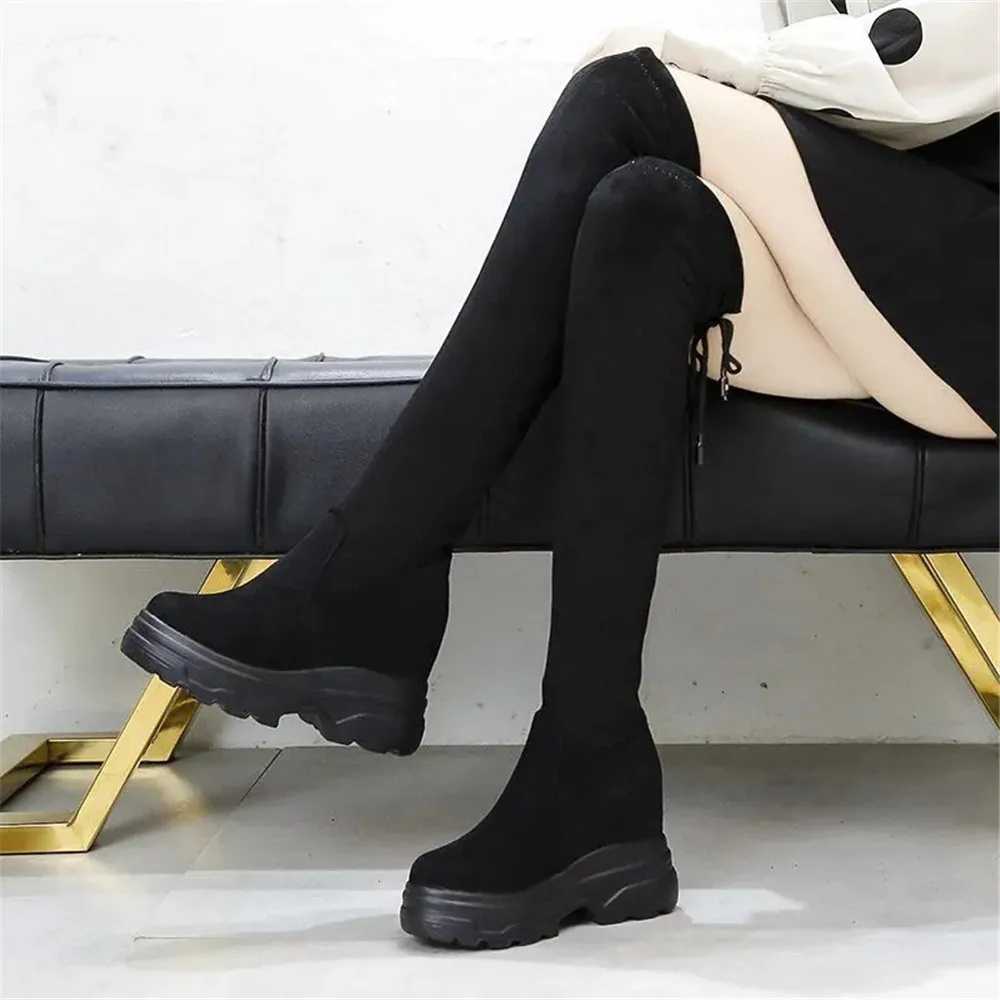

2021 Autumn Winter Stretch Fabrics Over The Knee Boots Female Height Increasing Round Toe Women Slim Shoes Fashion Long Booties