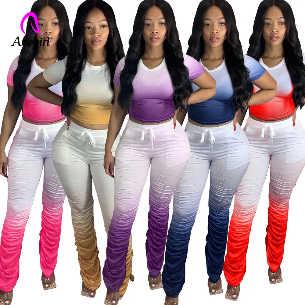 

Sport Gradient Women Two Piece Set Tracksuit Crop Tops Stacked Leggings Flare Jogger Suit Sweatpants Fitness Matching Set Outfit