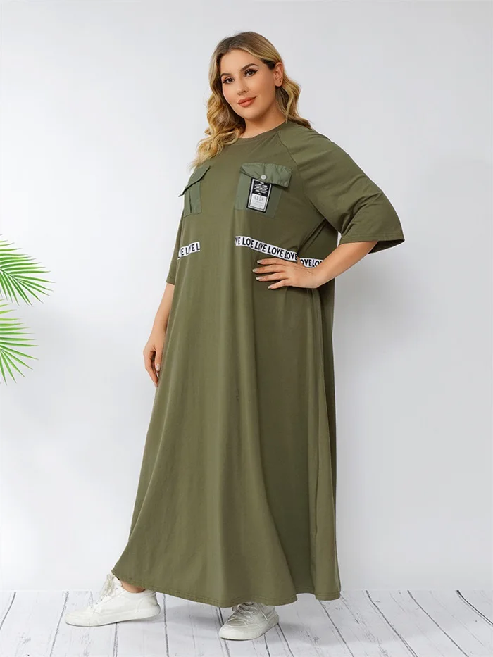 

Plus Size Maxi Dress for Women Summer 2021 Army Green Loose Casual Half Sleeve Middle East Arabic Clothes 5XL 4XL 3XL