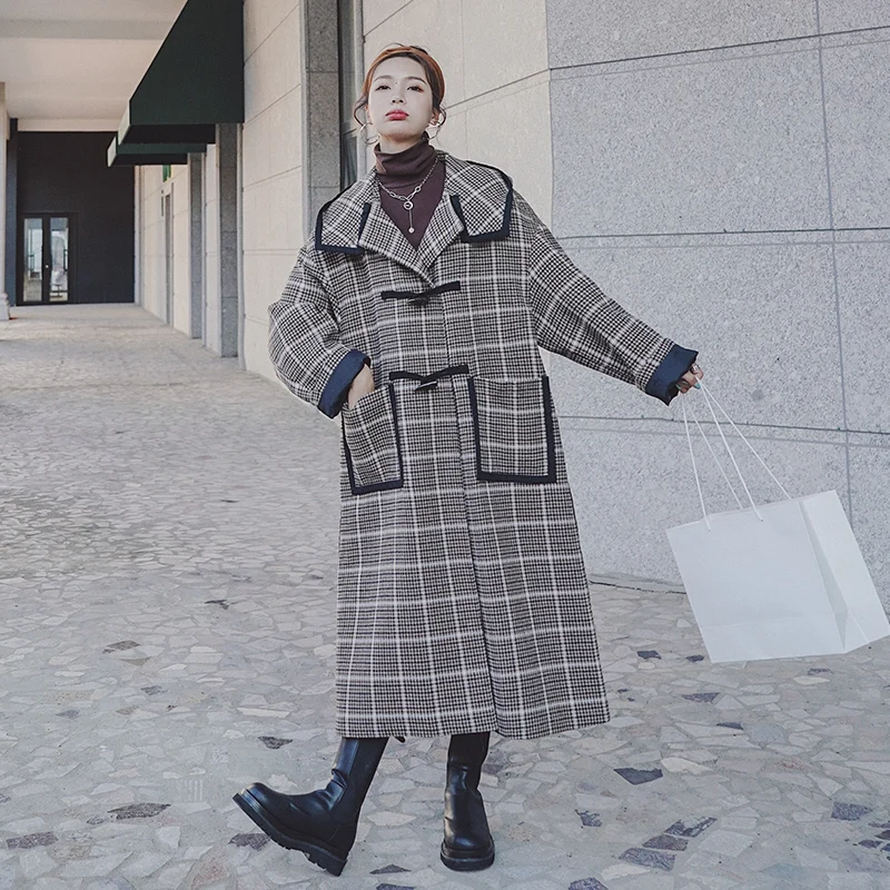 

Винтажное длинное шерстяное пальто в клетку, Осень-зима, женская утепленная куртка с хлопковой подкладкой, пальто, Тренч 2020