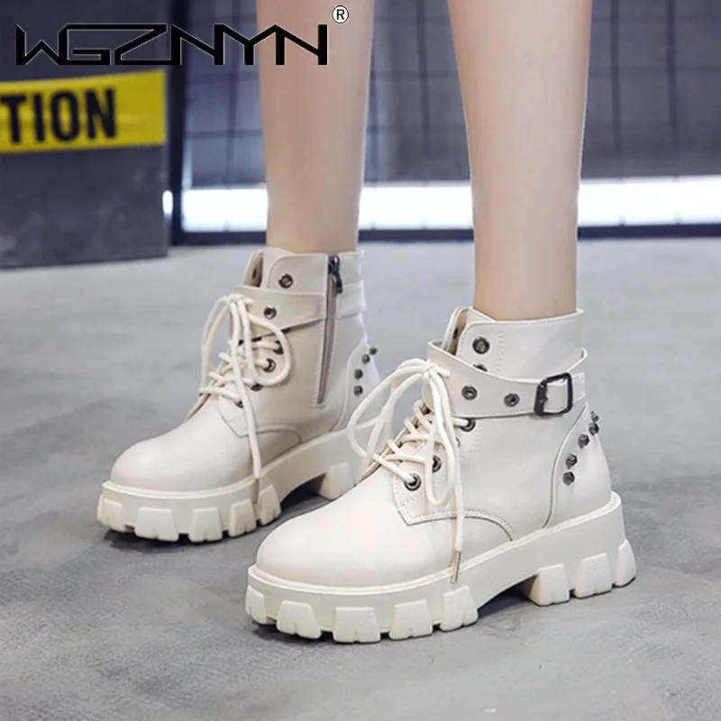 

NEW Boots Female Women Shoes Ankle 2020 Autumn British Wind High quality Leather Thick with Short Boots Motorcycle Martin Shoes