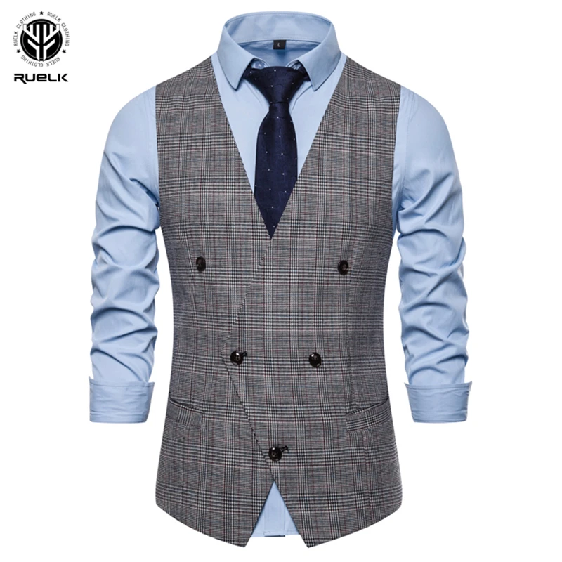 

RUELK Spring Autumn Men's Business Slim Fashion Vests Men Plaid Double Breasted Casual Vests Fit Male Suit For Men M-3XL