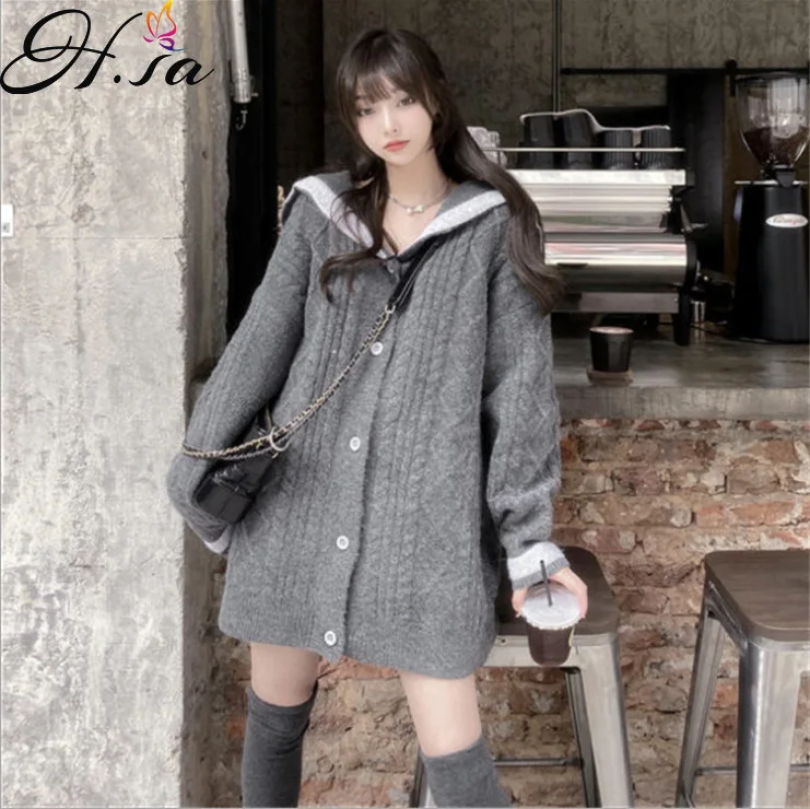 Hsa 2021 Autumn And Winter New Korean Style V-neck Sailor Collar Sweater Cardigan Women Clothes Long Knitted Coat Sweater Jacket