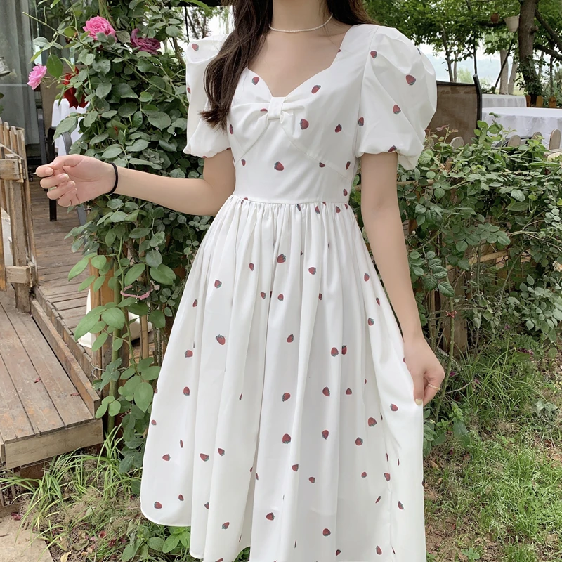 

2021 Summer Oversized Dresse Women Puff Sleeve Stawberry Dress V Neck Long Maxi Dresses Drawstring Sexy Vestidos Sundress