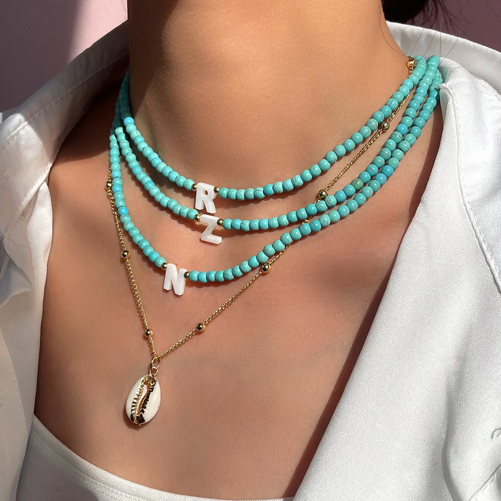 

Ins Name Initial Shell Letter Beaded Necklace For Women Turquoise Bead Choker Pendant Necklaces Femme Fashion Summer Jewelry New