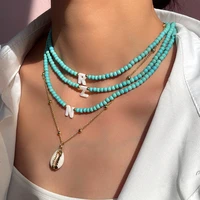 ins name initial shell letter beaded necklace for women turquoise bead choker pendant necklaces femme fashion summer jewelry new
