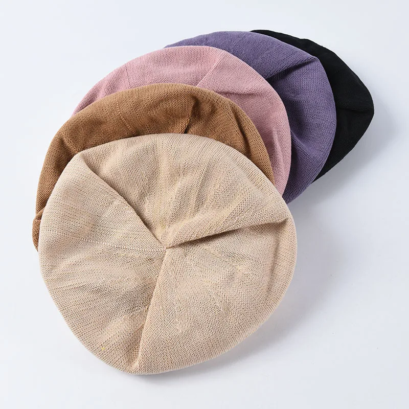 

Summer Thin Beret Women's Artistic Retro Solid Color Knitted Painter Hat Student Versatile Pleated Beret Hat