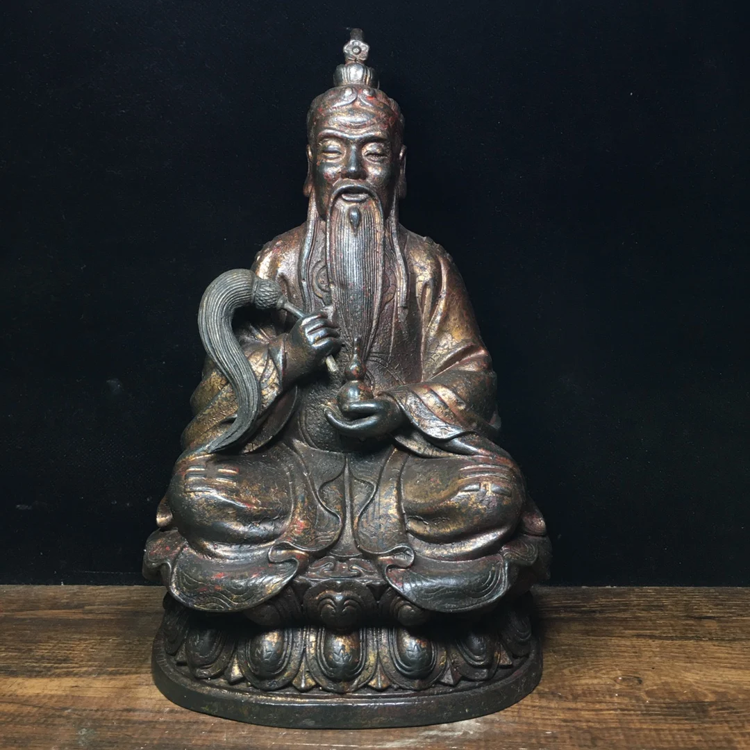 

10"Chinese temple collection Old Bronze Cinnabar Lacquer Taishang Laojun Sanqing one Taoist Patriarch Enshrine the Buddha
