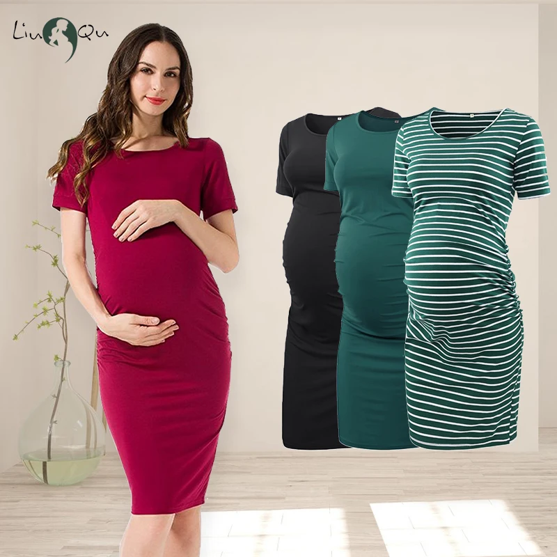 Liu&Qu Maternity Dresses Women Side Ruched Pregnany Dress Bodycon Pregnant Clothes Casual Mama Short Sleeve Wrap Baby Showers