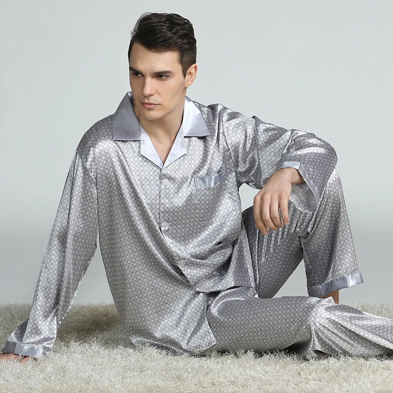 Spring Mens Stain Silk Pajama Set Pajamas Men Sleepwear Modern Style Silk Nightgown Home Male Satin Soft Cozy For Sleeping
