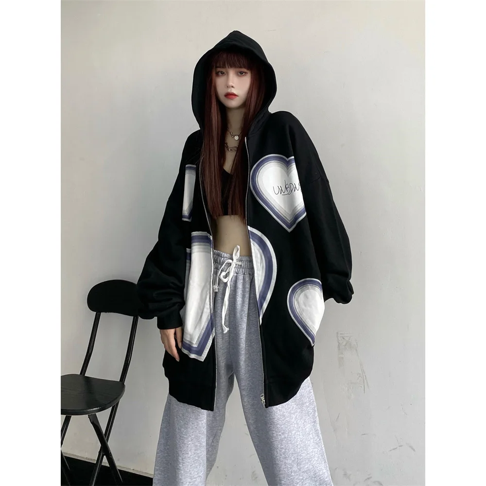

Autumn Love Print Female Hoodies Japan Women Harajuku Loose Oversized Streetwear Zipper Hoodie Pocket Casual Pullovers Tops
