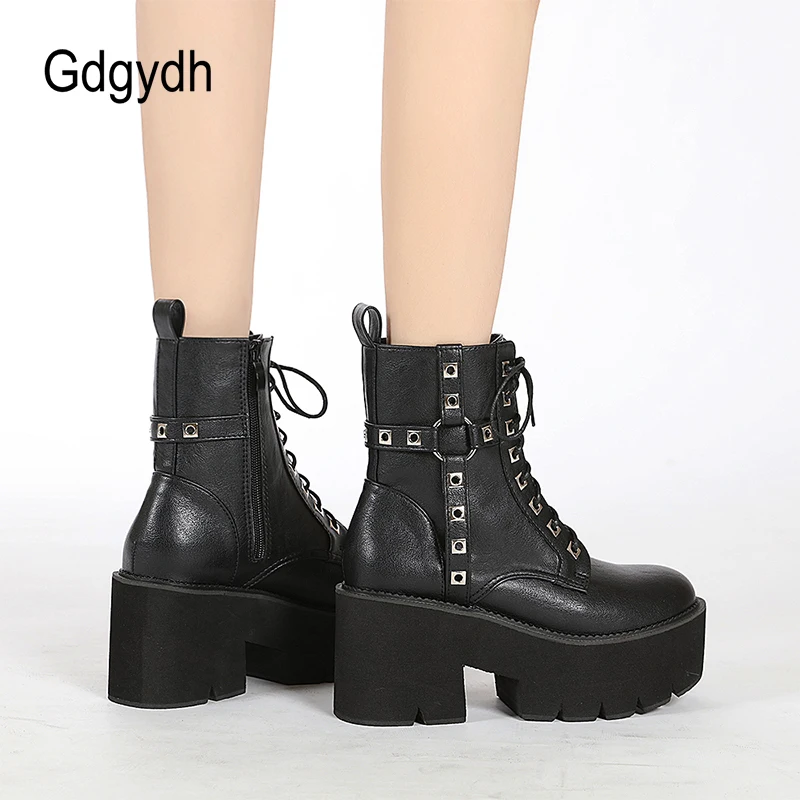 Gdgydh Fashion Rivets Black Chunky Heeled Boots for Women Autumn Lace Up and Zipper Women's Combat Boots Platform Heels 90s Goth