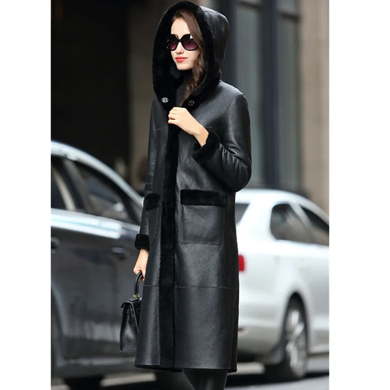 

new autumn and winter 2020 fur a female large size double-sided coat in the long section leather leather hooded sheep sheared fu