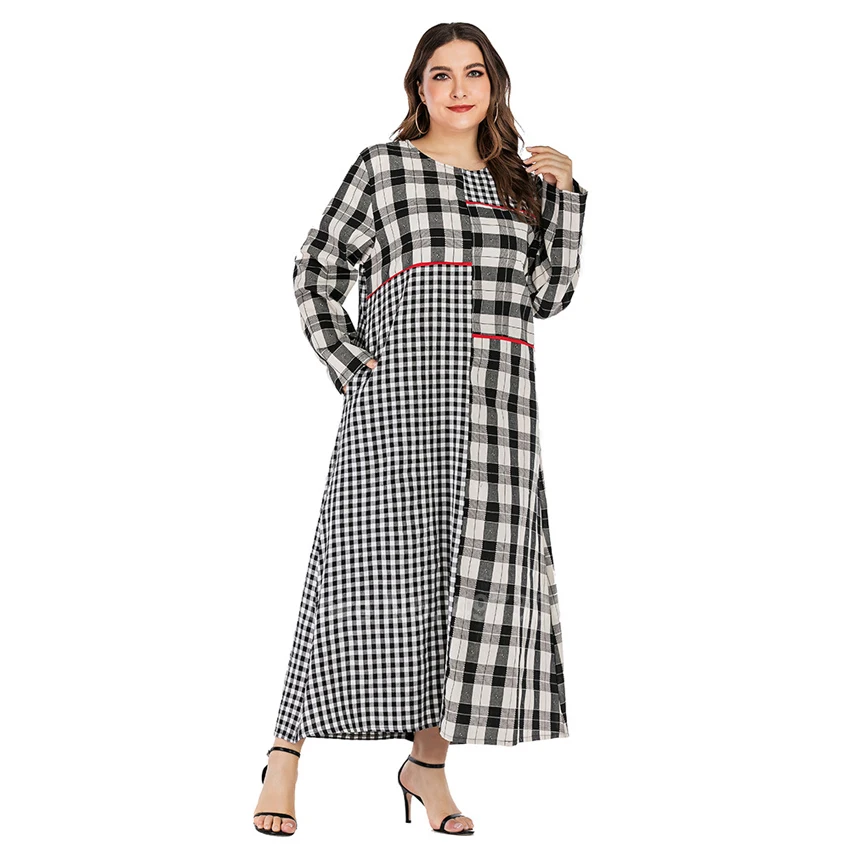 Женское платье макси размера плюс мусульманское в клетку с длинным рукавом и