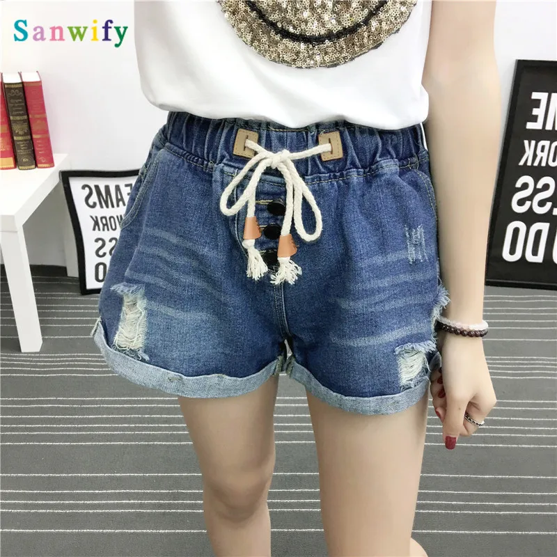 

Women Denim Shorts High Waist Plus Size Fashion Classic Vintage Blue Wide Leg Female Loose Hole Ripped