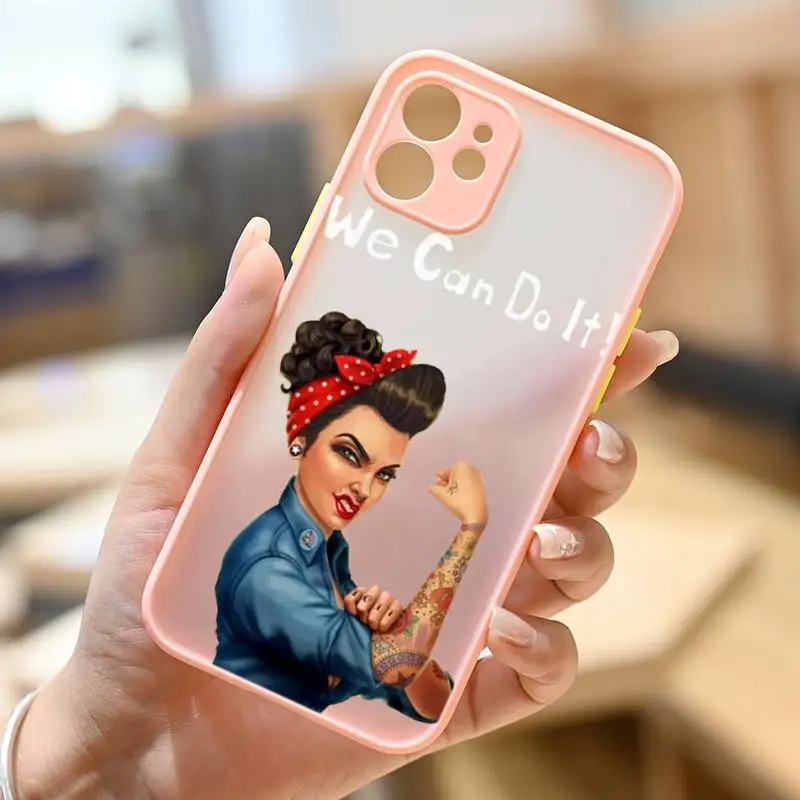 

We Can Do It Women Power Phone Case Pink Transparent Matte For IPhone 7 8 11 12 S Mini Pro X XS XR MAX Plus Cover Shell