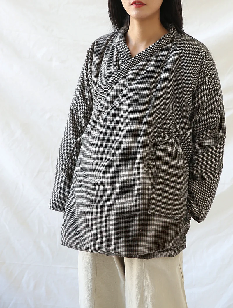 Кардиганы в японском стиле женские свободные с V-образным вырезом клетчатые