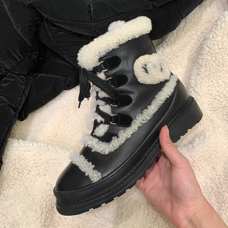 

Зимние ботинки для женщин, меховая обувь, теплые шерстяные ботильоны из натуральной кожи для женщин, ботинки мартинсы с перекрестной шнуров...