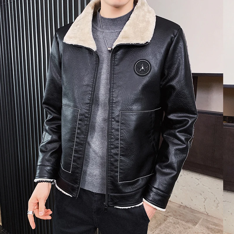 Winter Warm Men's Leather Jackets Thick Leather Casual Jacket Men's Coats Faux Fur Collar Men Pu Windproof Jacket Outerwear 4XL