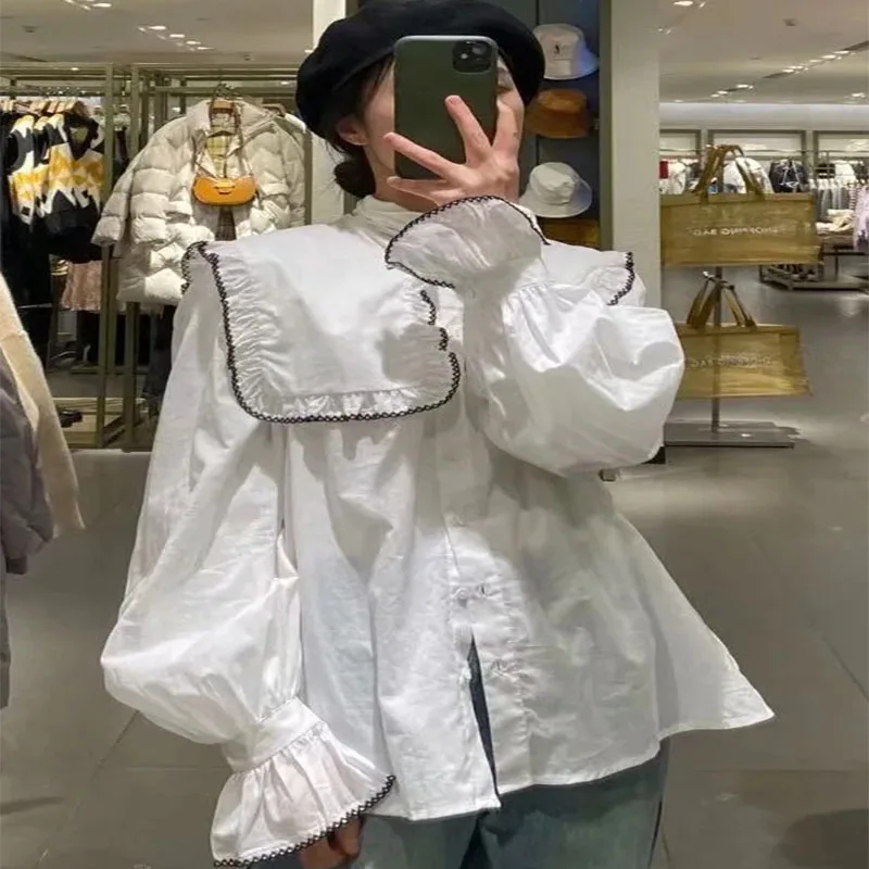 

Women's Chic Lace Trim Large Lapel Long Sleeve Shirt Fashion Girl Sweet Spring And Autumn New Style