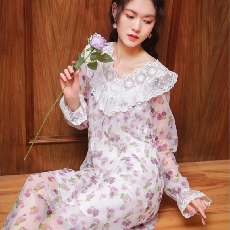 

Princess Long Style Vintage Floral Night Skirt Women's Spring Full Sleeves V-Neck Plus Size Modal Home Dress Sweet Girls Nightie