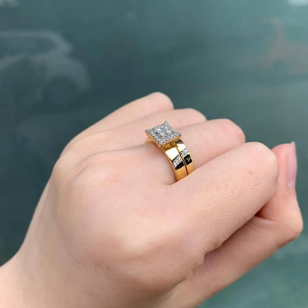 

Newshe 2 Pcs Yellow Gold Color Wedding Rings For Women 925 Sterling Silver Classic Jewelry AAA CZ Engagement Ring Bridal Set