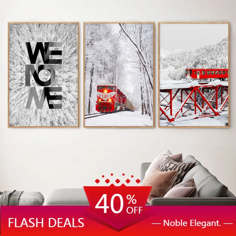 Картина на холсте красный поезд Снежный лес пейзаж настенное искусство