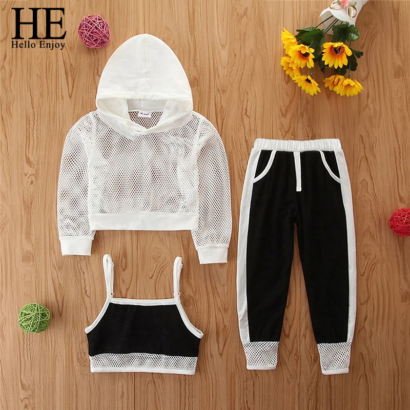 

HE Hello Enjoy Baby Girl Kids Summer Outfits Clothes Sets Net Hooded T-Shirt Tops Pants Casual Sets Teenage Girls Tracksuits