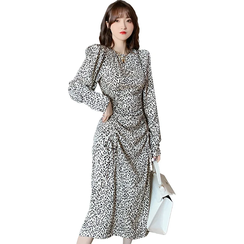 

Korean Style Fashion 2020 Autumn Winter Clothes Streetwear Long Sleeve Sheath Midi Retro Ruched Print Leopard Dresses for Women