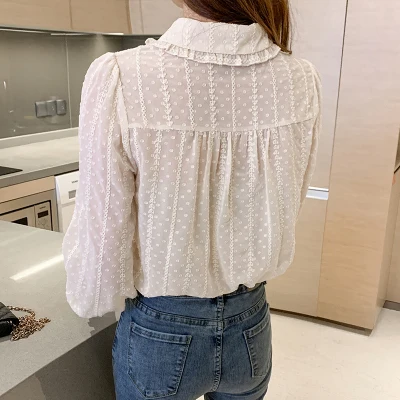 

Peter Pan Collar Long Sleeve White Lace Cute Blouse Women Chiffon Button Up Shirts Korean Fashion Clothing Ruffle Top