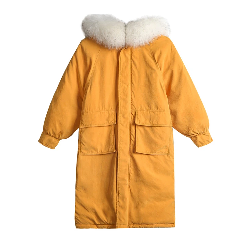 

Длинная женская зимняя куртка с меховым воротником и капюшоном, хлопковые куртки на молнии, Женская Корейская парка, толстое длинное пальто, повседневное теплое пальто для женщин