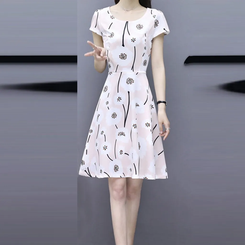 Женское модное летнее платье до колена с круглым вырезом и коротким рукавом