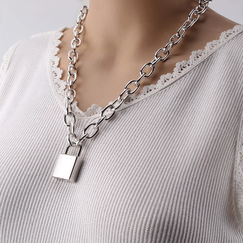 Трендовые панковские массивные цепной замок подвески ожерелья серебряного