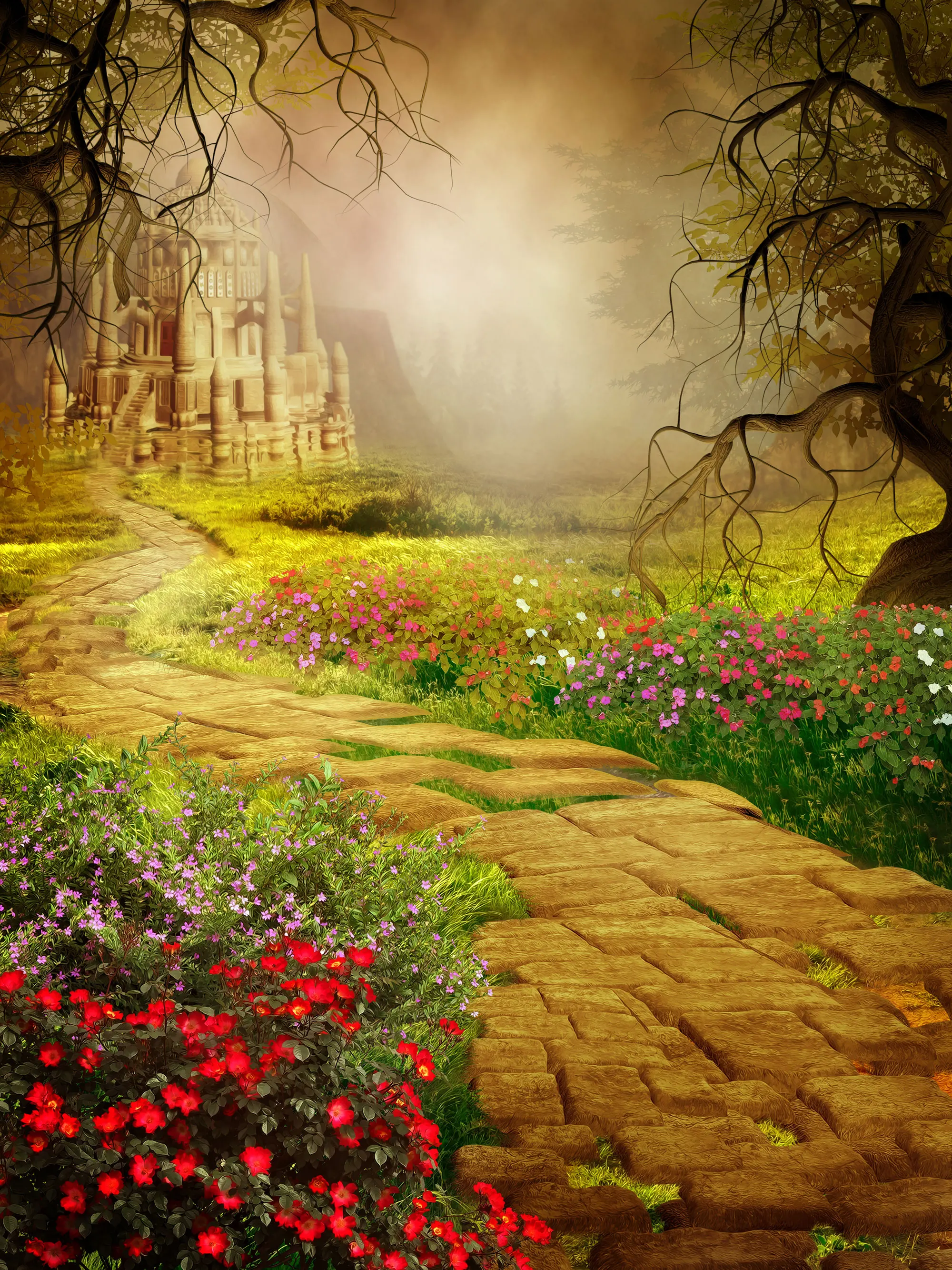 VinylBDS Fairytale Castle Newborn Backdrop Flower Scenery Background Country Flagstone Path Children for Photo Studio | Электроника