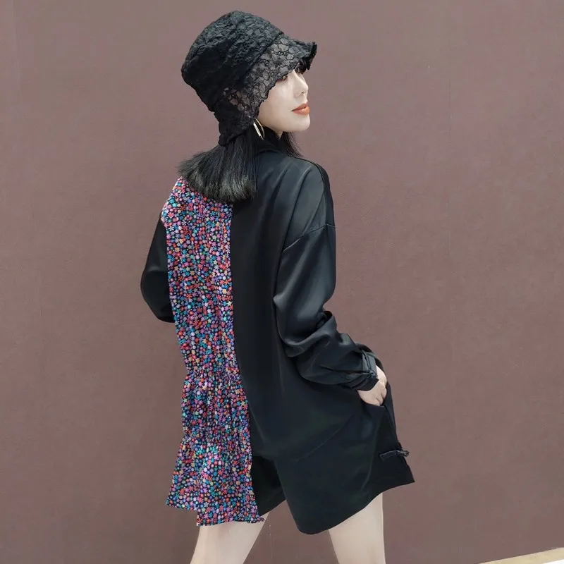 

Women Summer Patchwork Asymmetrical Stand Collar Long Sleeve Flowers Shirts Loose Casual Shorts Female Vintage Tang Suit Sets
