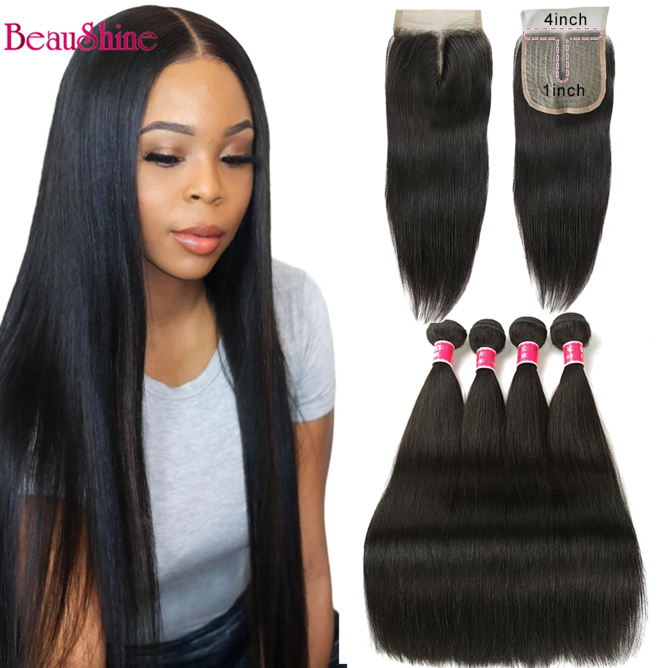 

Brazilian Straight Hair Weave Bundles With Closure 3/4 Bundles T Part Closure Human Hair Bundles With Closure