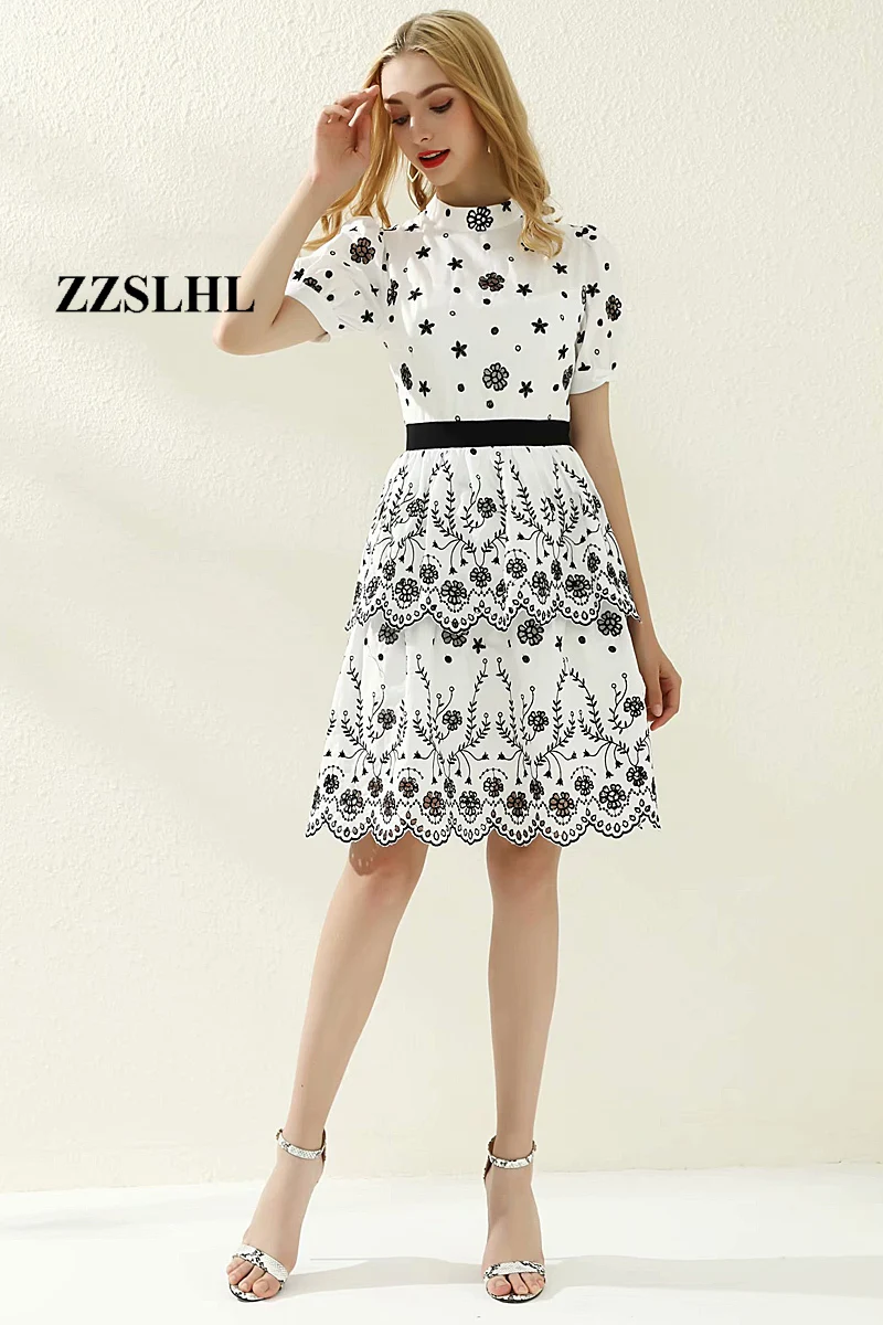 

Runway High Quality 2020 Summer New Women'S Fashion Party Vintage Elegant Chic Embroidery Stitching Casual Dresses Knee Length