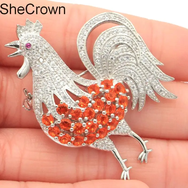 Брошь в форме петуха оранжевый Спессартин Гранат турмалин Белый CZ 36x47