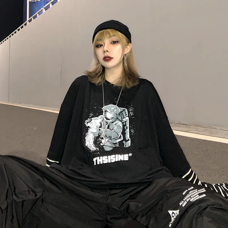 Lychee Girls Astronaut Women T Shirt Top Tee Stripe Fake 2 Pieces Women T-shirts Top Tees Patchwork Crew Neck Women T Shirts