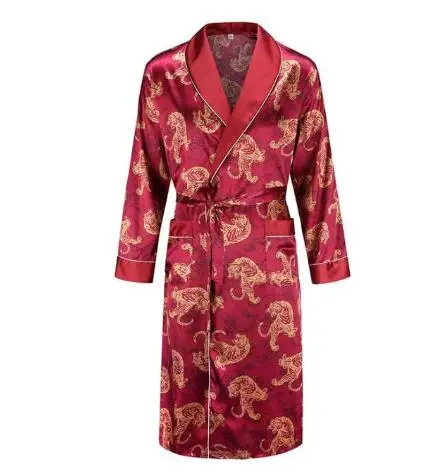 red tiger robe Шелковая ночная рубашка мужская летняя тонкий купальный халат Тигр Ночная рубашка свободная Свадебная robesilky с длинным рукавом Sleeprobe размера плюс домашняя одежда - Цвет: red tiger robe