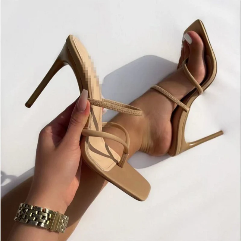 

2021 Women Sexy Thin High Heels Slippers Flip Flops Square Toe Narrow Band Slides Summer Wedding Shoes Stilettos Plus Size 35-43