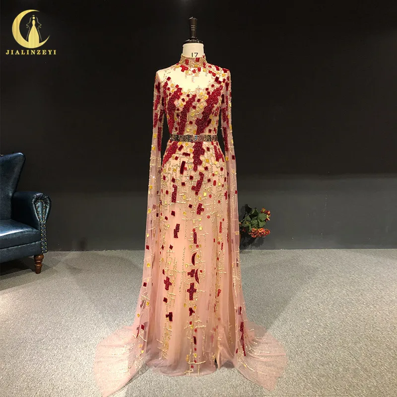 

Rhine real Pictures Zuhair Muad High Neck Long Sleeves Velvet With Gold Beads Sexy Formal Dress Arabic Evening Dresses Long