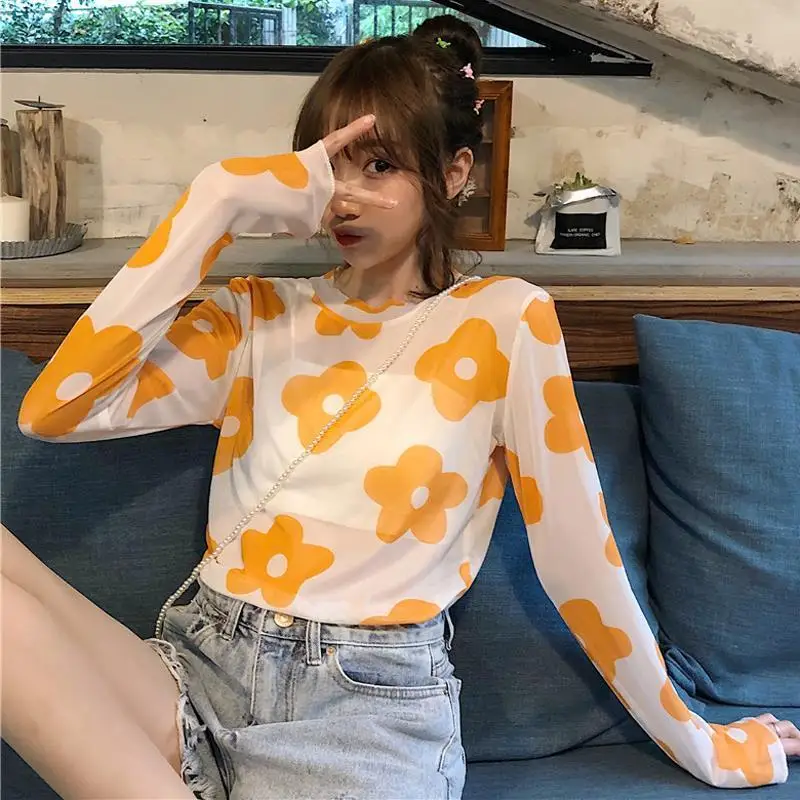 long sleeve T-shirt Летняя каваи Сетчатая футболка с длинными рукавами, с цветочным принтом, сексуальная прозрачная пляжная женская футболка, XXL - Цвет: long sleeve T-shirt