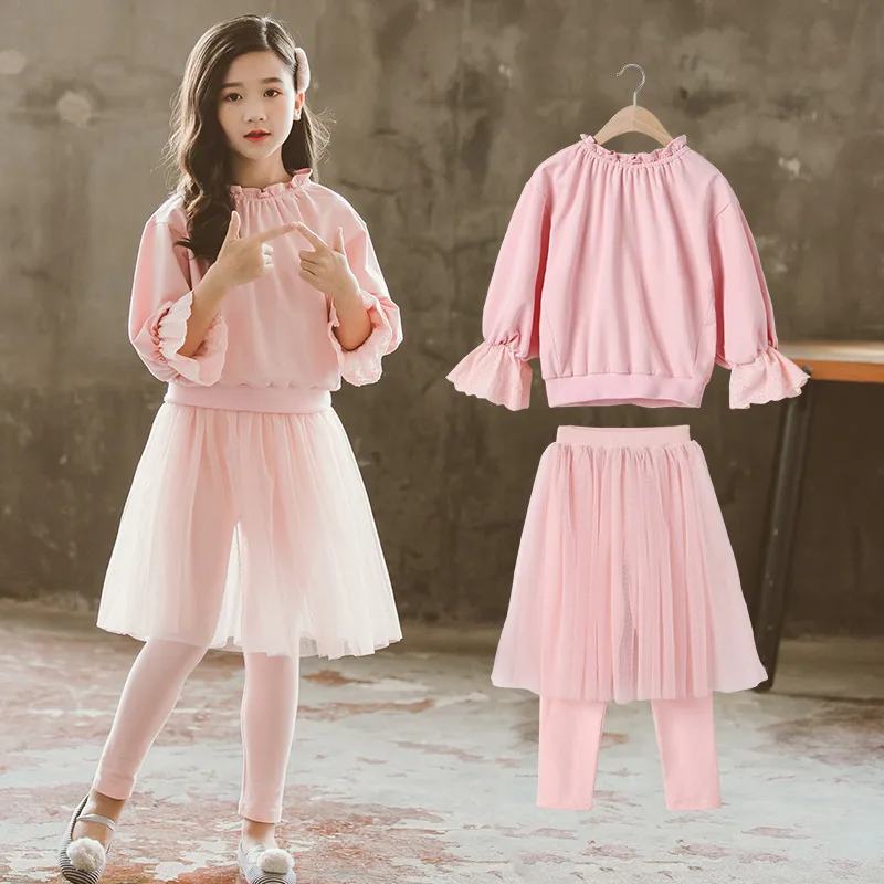 Комплект для девочек подростков милый топ с расклешенными рукавами и юбка