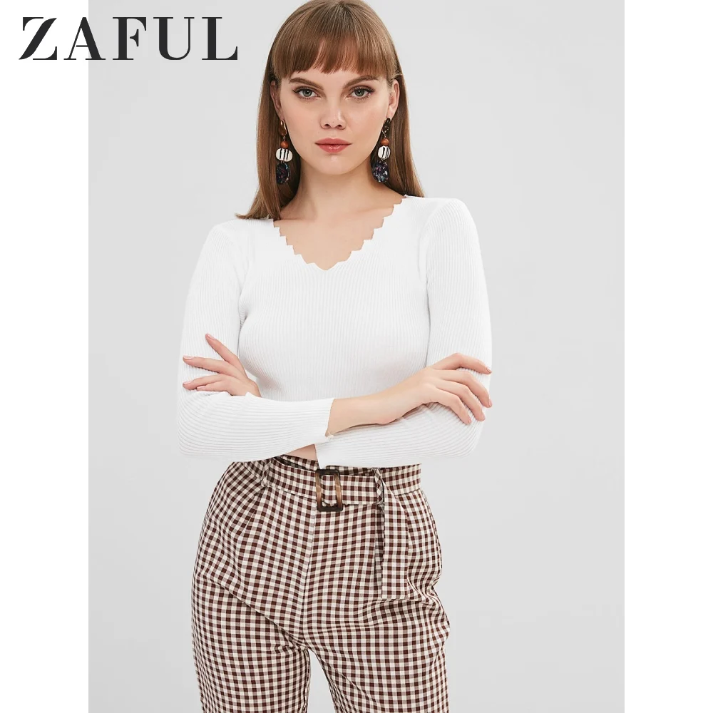 ZAFUL Ribbed Wavy Cut Neck Sweater V-Neck Full Sleeve Solid Fashion Slim Casual Fitted Women for Autumn 2019 | Женская одежда