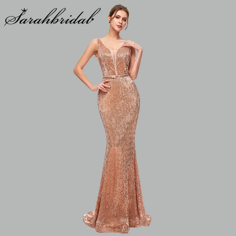 

Charming Party Gown V Neck Sleeveless Backless Women Mermaid Evening Dresses Sequins Sashes Floor Length Robe De Soiree 5256