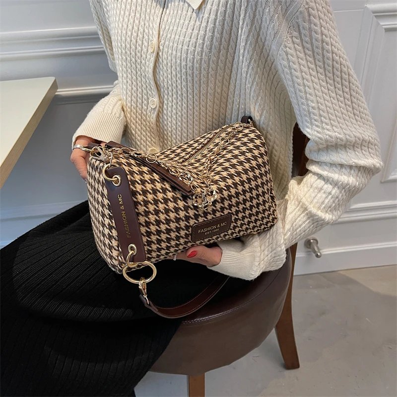 

Pequena corrente houndstooth ombro crossbody sacos de lã pano designer luxo hit bolsas de inverno e bolsa marca