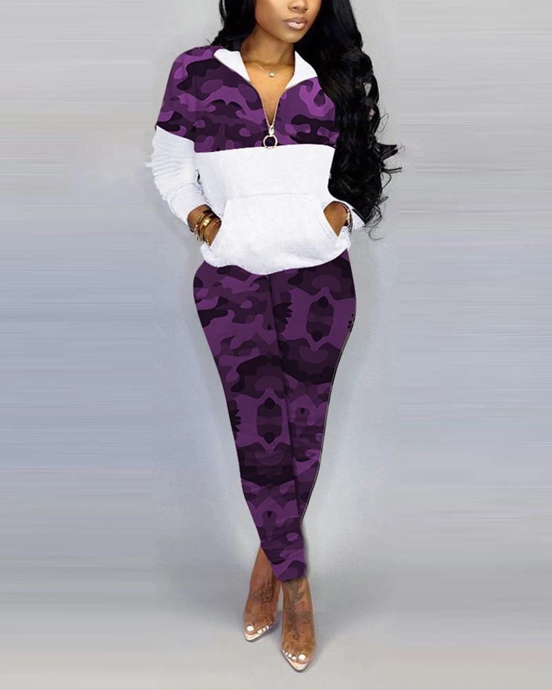 

S-4XL Autumn Women Casual Two Piece Fashion Suit Sets Plus Size Long Sleeve Camo Print Pocket Detail Zipper Front Top