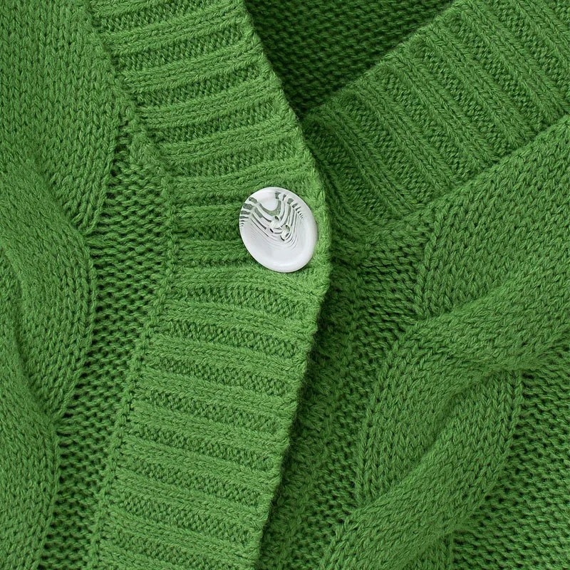 

Avocado Green V-neck Single-breasted Knit Retro Coarse Twist Female Cardigan Korean Style Simple Long-sleeved Women's Sweater