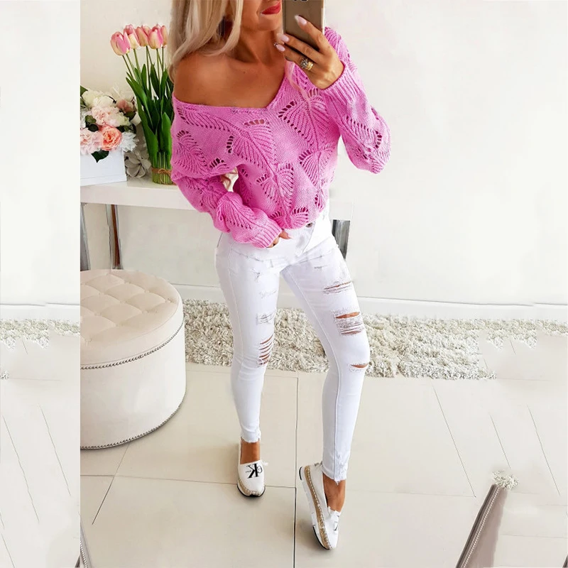 

Autumn Long Sleeve Hollow Knit T Shirt Blue Top 2020 Off Shoulder Sexy Women Clothing Winter Casual Loose Solid Pullover Sweater